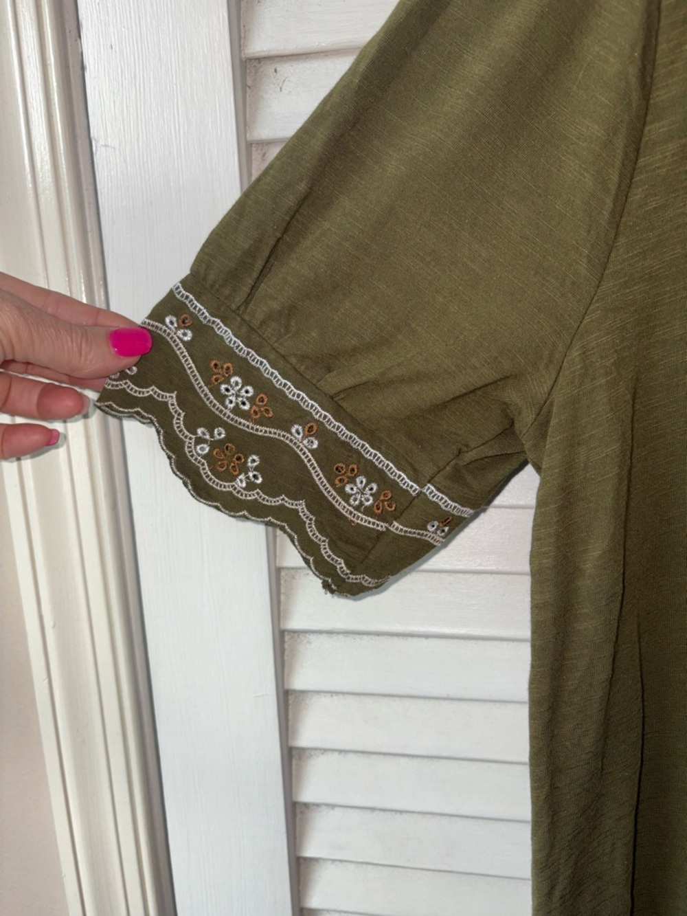 Anthropologie Allison Embroidered Tee Olive Green XL Boho Puff Sleeve - Picture 5 of 7